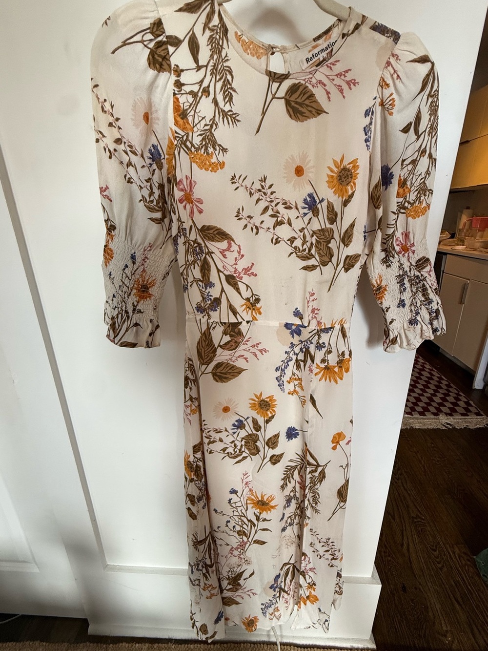 Reformation Cream Floral Midi Dress with Puff Sleeves w Side Slit